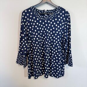Boden Althea High Neck Flare Cuff Top in navy with white polka dots sz 16
